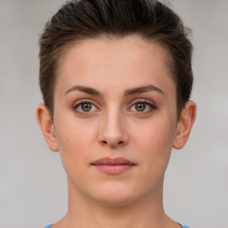 Neutral white young-adult female with short  brown hair and brown eyes