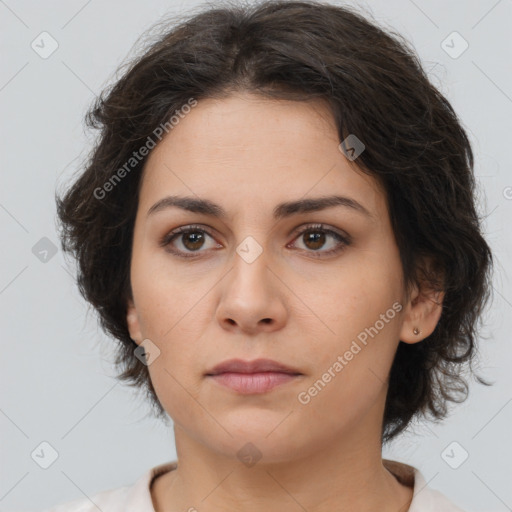 Neutral white young-adult female with medium  brown hair and brown eyes