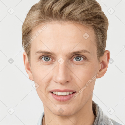 Joyful white young-adult female with short  brown hair and grey eyes