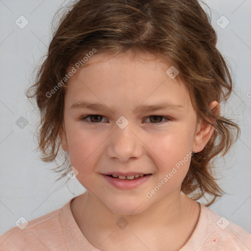 Joyful white child female with medium  brown hair and brown eyes