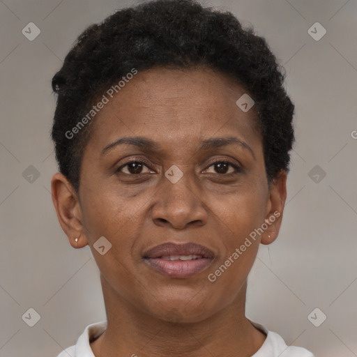 Joyful black adult female with short  brown hair and brown eyes