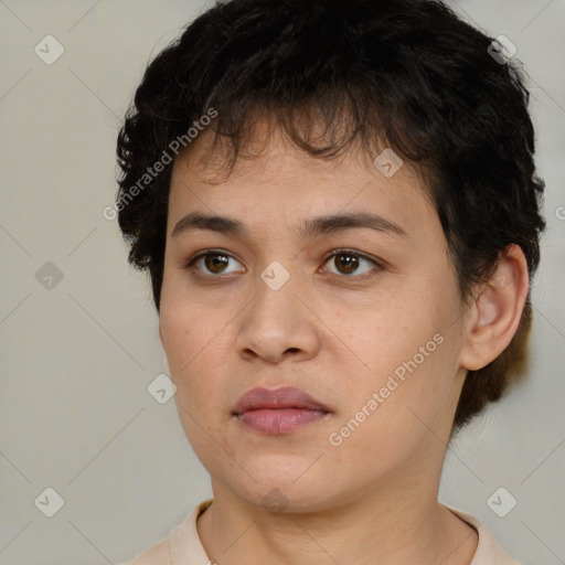 Neutral white young-adult female with short  brown hair and brown eyes