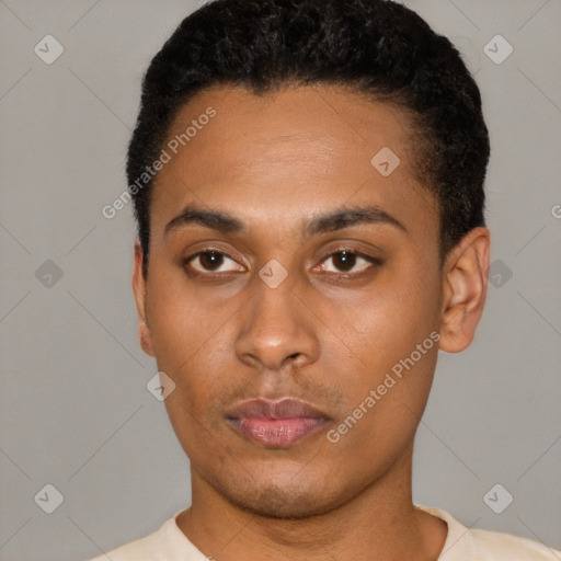 Neutral latino young-adult male with short  black hair and brown eyes