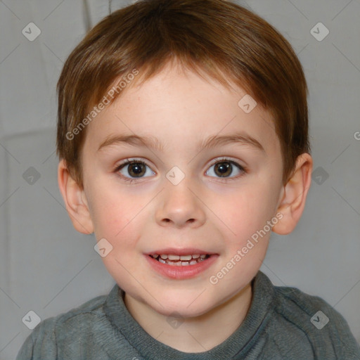 Joyful white child female with short  brown hair and brown eyes