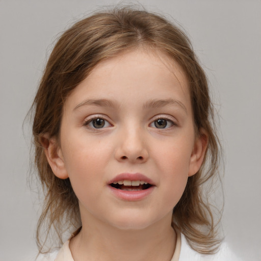 Joyful white child female with medium  brown hair and brown eyes