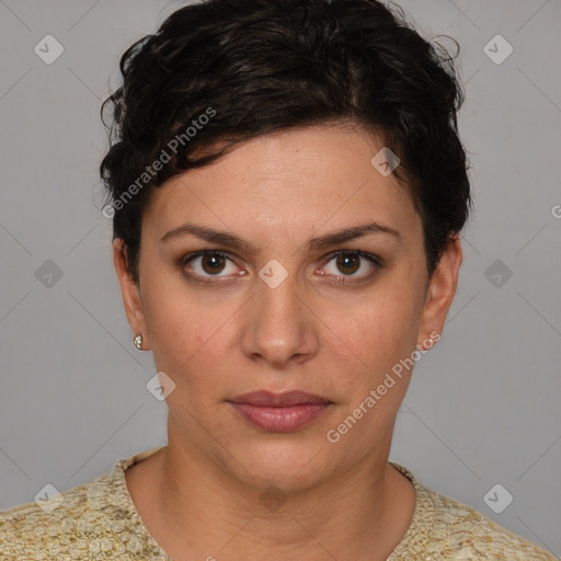 Neutral white young-adult female with short  brown hair and brown eyes