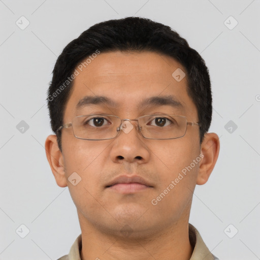 Neutral asian young-adult male with short  black hair and brown eyes