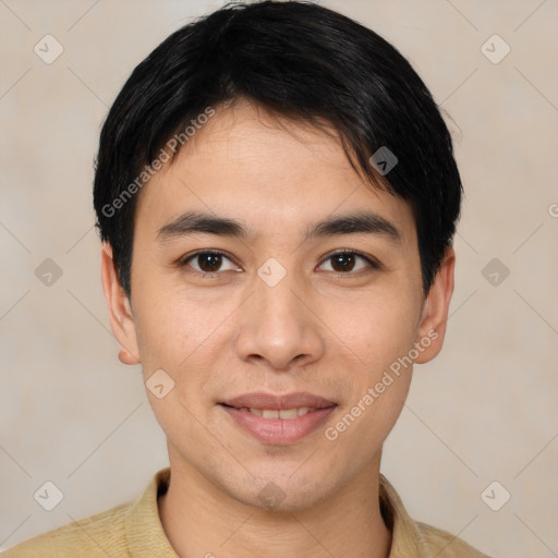 Joyful asian young-adult male with short  black hair and brown eyes