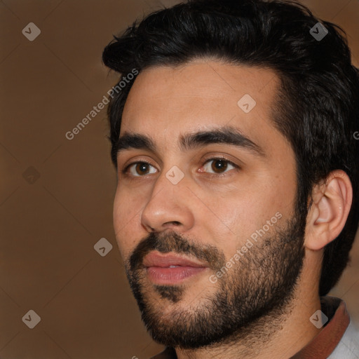 Neutral white young-adult male with short  black hair and brown eyes