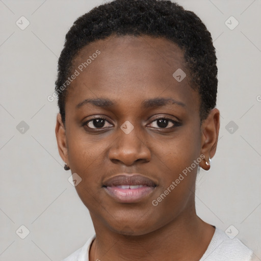 Neutral black young-adult female with short  black hair and brown eyes