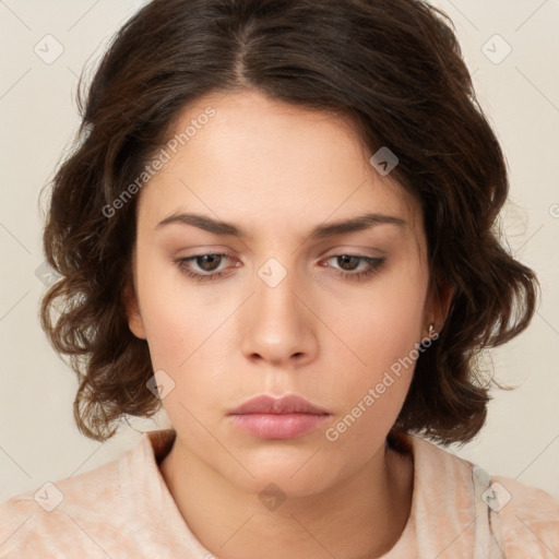 Neutral white young-adult female with medium  brown hair and brown eyes