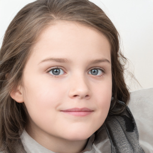 Neutral white child female with medium  brown hair and blue eyes