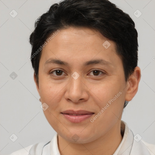 Joyful white adult female with short  brown hair and brown eyes