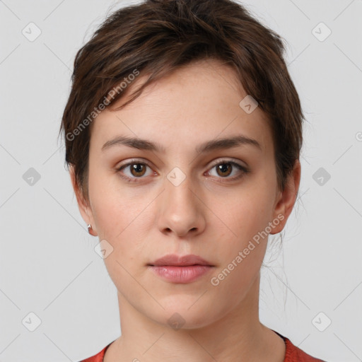 Neutral white young-adult female with short  brown hair and brown eyes