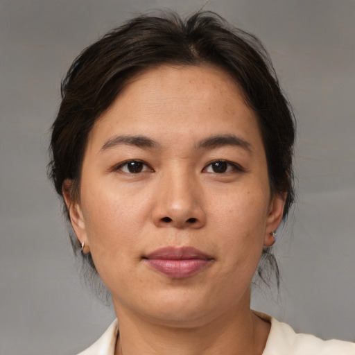 Neutral asian adult female with medium  brown hair and brown eyes