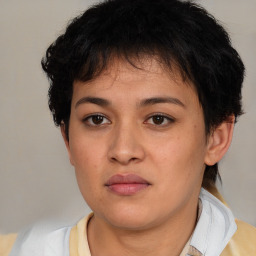 Neutral asian young-adult female with short  brown hair and brown eyes