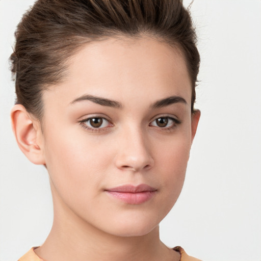 Neutral white young-adult female with short  brown hair and brown eyes