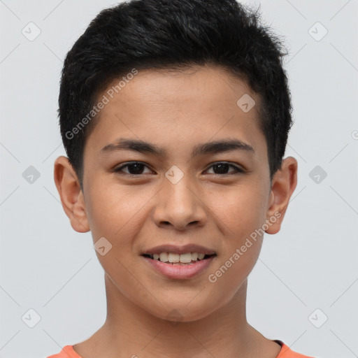 Joyful latino young-adult male with short  brown hair and brown eyes
