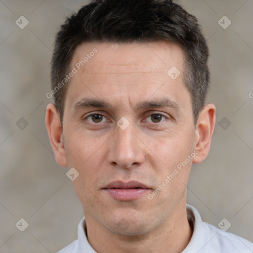 Neutral white adult male with short  brown hair and brown eyes