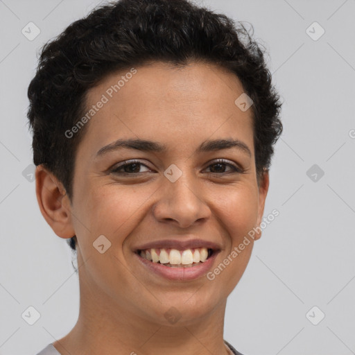 Joyful latino young-adult female with short  brown hair and brown eyes