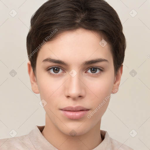 Neutral white young-adult female with short  brown hair and brown eyes