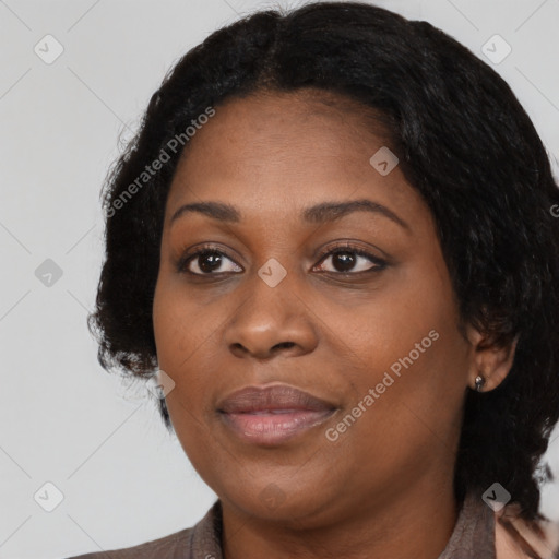 Joyful black young-adult female with medium  black hair and brown eyes