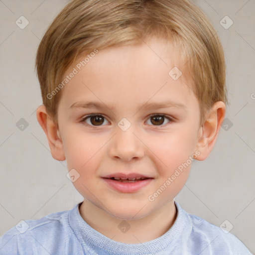 Joyful white child female with short  brown hair and brown eyes