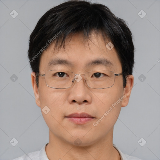 Neutral asian adult male with short  brown hair and brown eyes