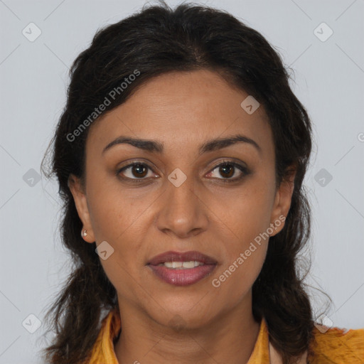 Joyful latino young-adult female with medium  brown hair and brown eyes