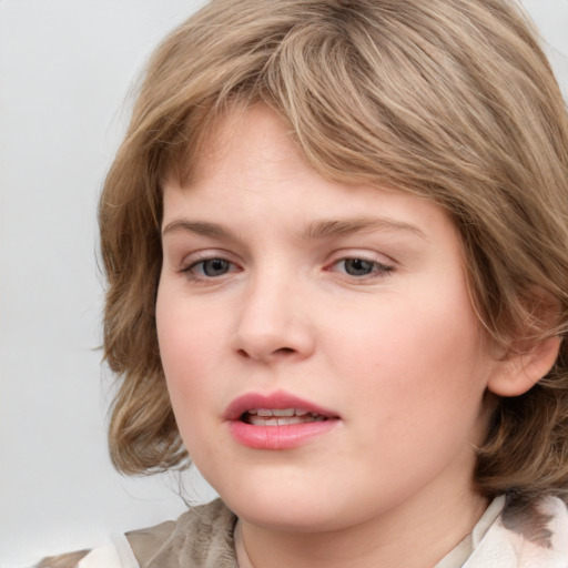 Neutral white young-adult female with medium  brown hair and blue eyes