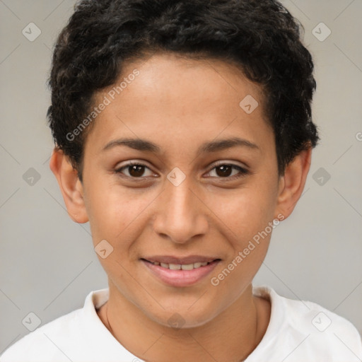 Joyful latino young-adult female with short  brown hair and brown eyes