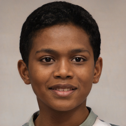 Joyful black child female with short  black hair and brown eyes