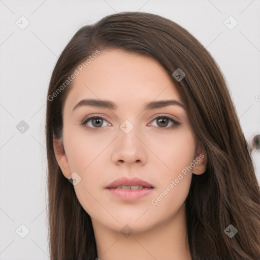 Neutral white young-adult female with long  brown hair and brown eyes