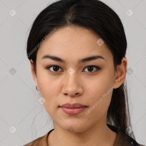 Neutral asian young-adult female with medium  brown hair and brown eyes