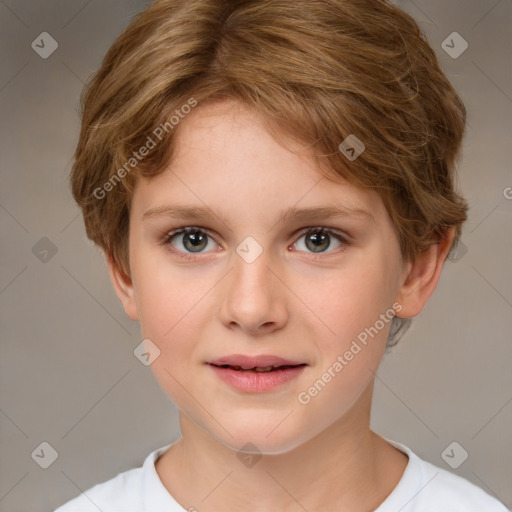 Joyful white child female with short  brown hair and brown eyes