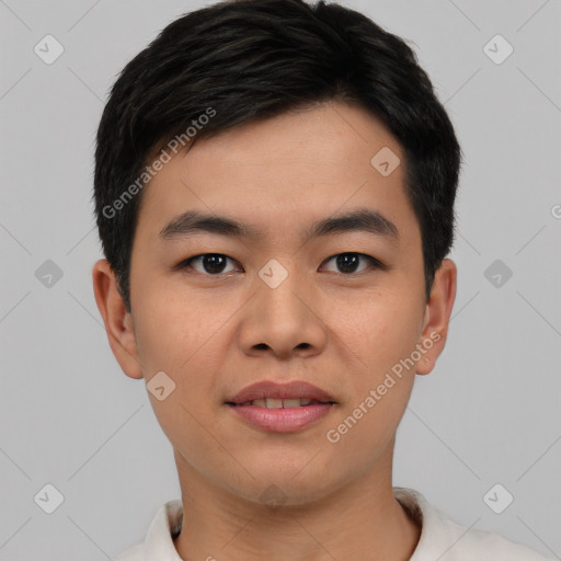 Joyful asian young-adult male with short  black hair and brown eyes