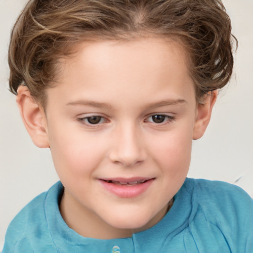 Joyful white child female with short  brown hair and brown eyes