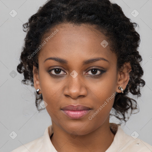 Joyful black young-adult female with medium  black hair and brown eyes