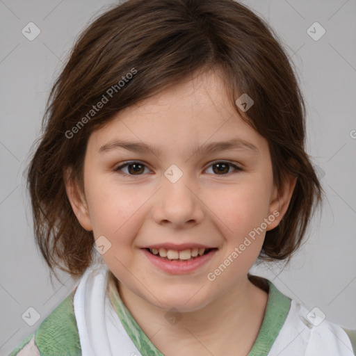 Joyful white child female with medium  brown hair and brown eyes