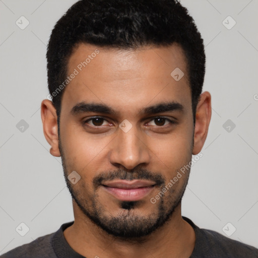 Neutral latino young-adult male with short  black hair and brown eyes