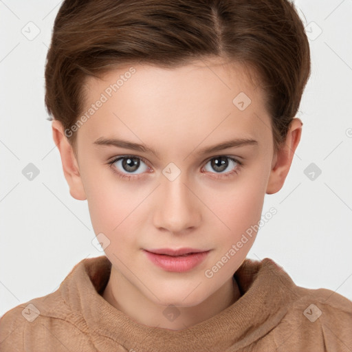 Joyful white child female with short  brown hair and brown eyes