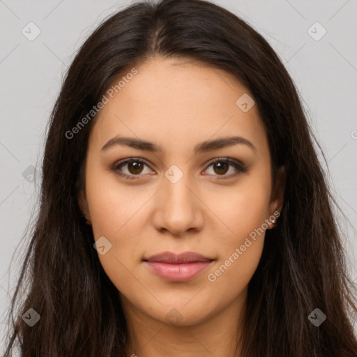 Joyful latino young-adult female with long  brown hair and brown eyes