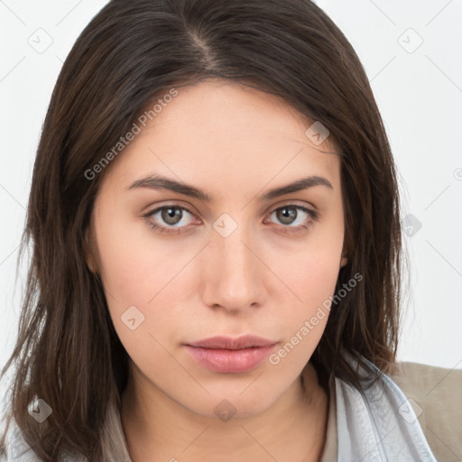 Neutral white young-adult female with medium  brown hair and brown eyes