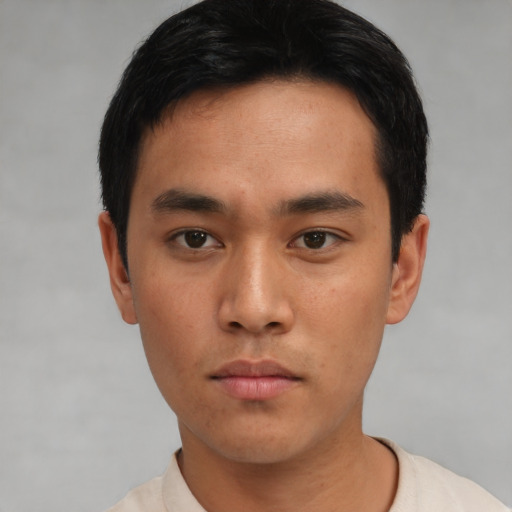 Neutral asian young-adult male with short  black hair and brown eyes