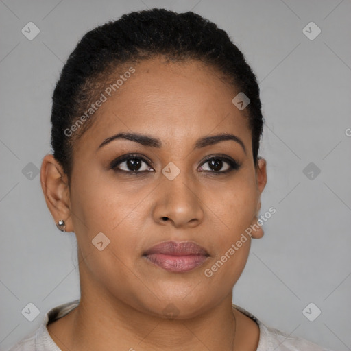 Joyful latino young-adult female with short  brown hair and brown eyes