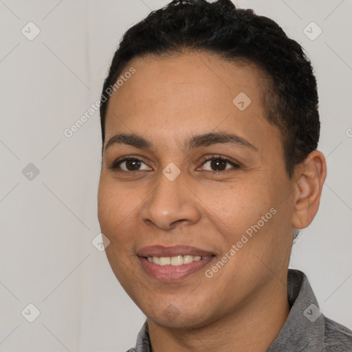 Joyful latino young-adult female with short  black hair and brown eyes