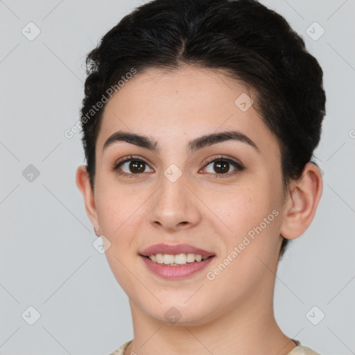 Joyful white young-adult female with short  brown hair and brown eyes