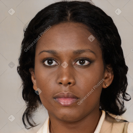 Neutral black young-adult female with medium  brown hair and brown eyes