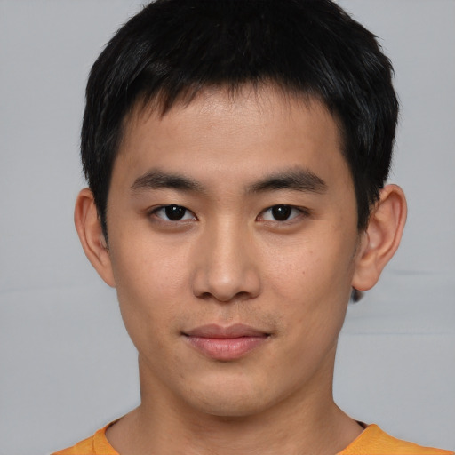 Neutral asian young-adult male with short  brown hair and brown eyes