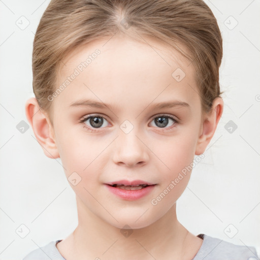 Joyful white child female with medium  brown hair and grey eyes